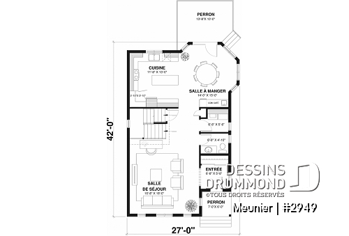 Rez-de-chaussée - Plan de cottage de 3 chambres, style Cape Cod, fenestration abondant, grande chambre des parents - Meunier