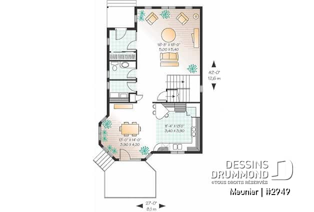 Rez-de-chaussée - Plan de cottage de 4 à 5 chambres, style Cape Cod, fenestration abondant, grande chambre des parents - Meunier