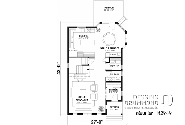 Rez-de-chaussée - Plan de cottage de 3 chambres, style Cape Cod, fenestration abondant, grande chambre des parents - Meunier
