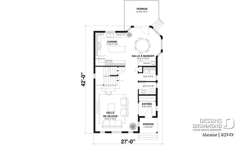 Rez-de-chaussée - Plan de cottage de 3 chambres, style Cape Cod, fenestration abondant, grande chambre des parents - Meunier