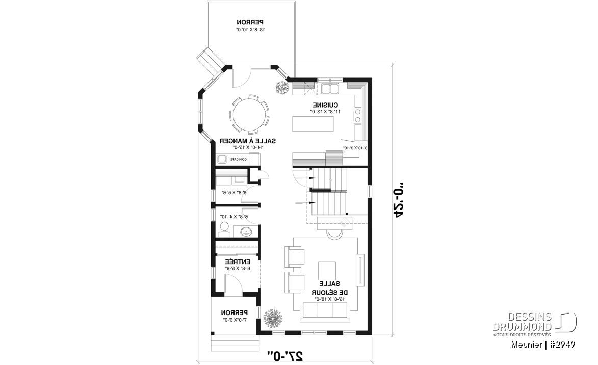 Rez-de-chaussée - Plan de cottage de 3 chambres, style Cape Cod, fenestration abondant, grande chambre des parents - Meunier