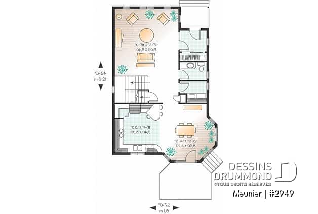 Rez-de-chaussée - Plan de cottage de 4 à 5 chambres, style Cape Cod, fenestration abondant, grande chambre des parents - Meunier