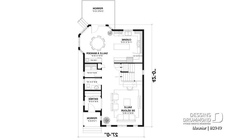 Rez-de-chaussée - Plan de cottage de 3 chambres, style Cape Cod, fenestration abondant, grande chambre des parents - Meunier