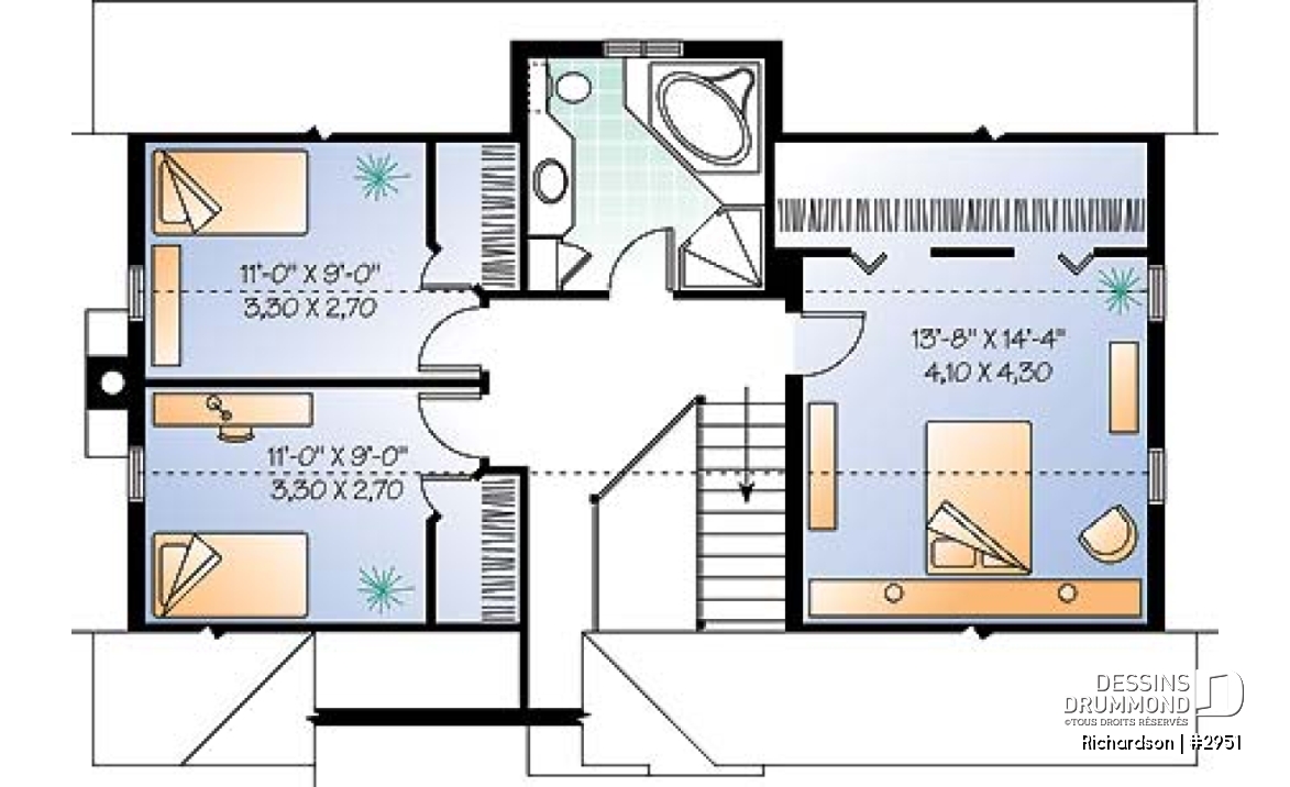 Étage - Plan de maison genre grange rustique à bon prix, à aire ouverte avec foyer, 3 chambres à l'étage - Richardson