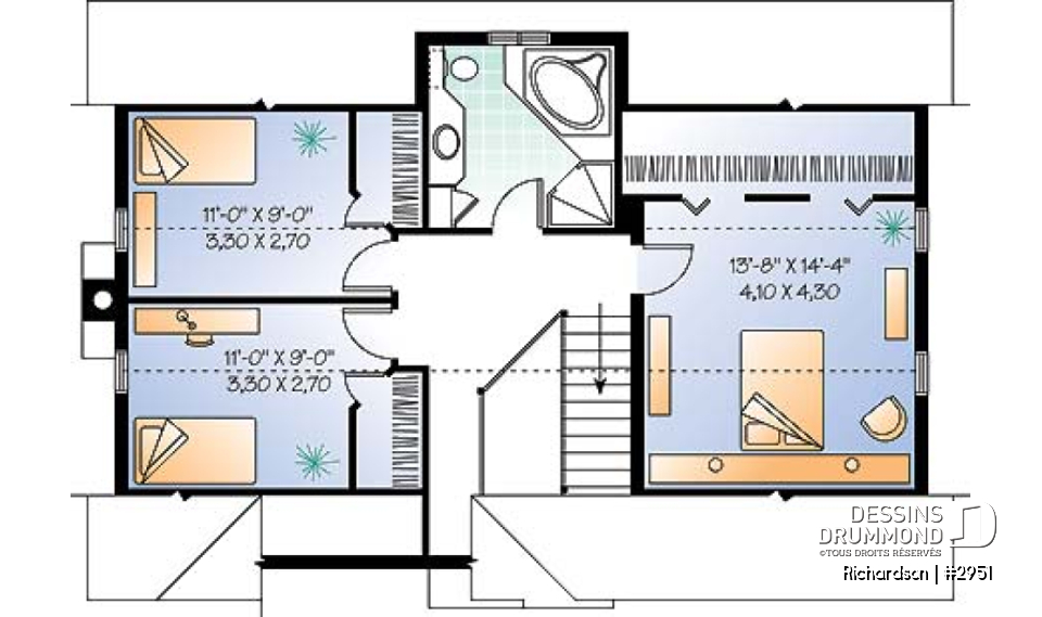 Étage - Plan de maison genre grange rustique à bon prix, à aire ouverte avec foyer, 3 chambres à l'étage - Richardson
