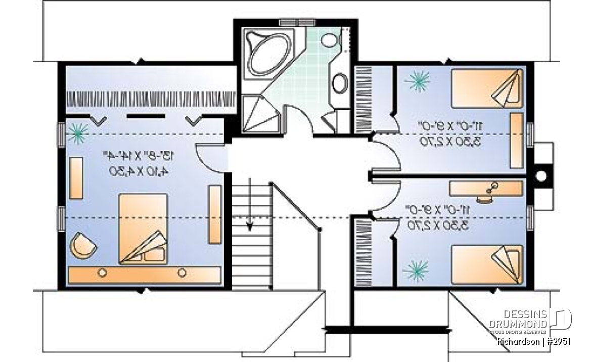 Étage - Plan de maison genre grange rustique à bon prix, à aire ouverte avec foyer, 3 chambres à l'étage - Richardson