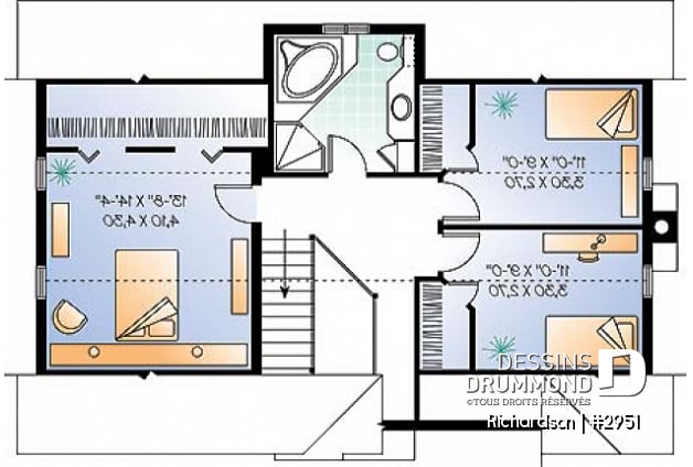 Étage - Plan de maison genre grange rustique à bon prix, à aire ouverte avec foyer, 3 chambres à l'étage - Richardson