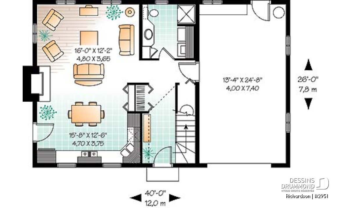 Rez-de-chaussée - Plan de maison genre grange rustique à bon prix, à aire ouverte avec foyer, 3 chambres à l'étage - Richardson