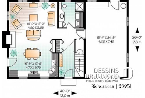 Rez-de-chaussée - Plan de maison genre grange rustique à bon prix, à aire ouverte avec foyer, 3 chambres à l'étage - Richardson