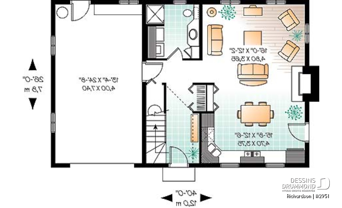 Rez-de-chaussée - Plan de maison genre grange rustique à bon prix, à aire ouverte avec foyer, 3 chambres à l'étage - Richardson