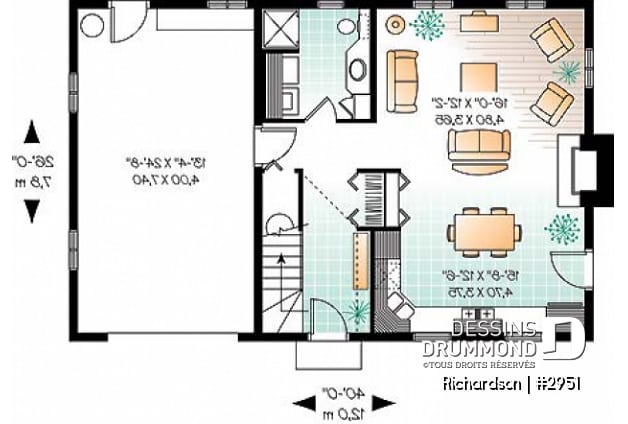 Rez-de-chaussée - Plan de maison genre grange rustique à bon prix, à aire ouverte avec foyer, 3 chambres à l'étage - Richardson
