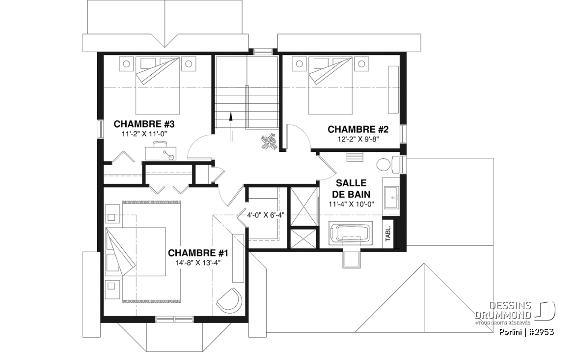 Étage - Plan de style fermette champêtre, grand vestiaire d'entrée, cuisine avec îlot, galerie couverte, 3 chambres - Perlini