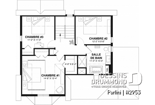 Étage - Plan de style fermette champêtre, grand vestiaire d'entrée, cuisine avec îlot, galerie couverte, 3 chambres - Perlini