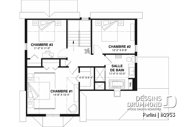 Étage - Plan de style fermette champêtre, grand vestiaire d'entrée, cuisine avec îlot, galerie couverte, 3 chambres - Perlini