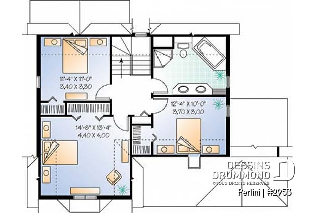 Étage - Plan de style fermette champêtre, grand vestiaire d'entrée, cuisine avec îlot, galerie couverte, 3 chambres - Perlini
