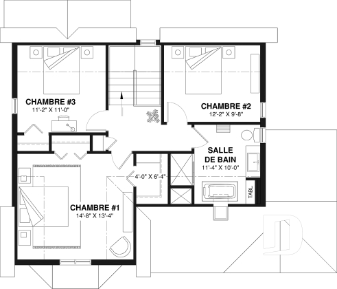 Étage - Plan de style fermette champêtre, grand vestiaire d'entrée, cuisine avec îlot, galerie couverte, 3 chambres - Perlini