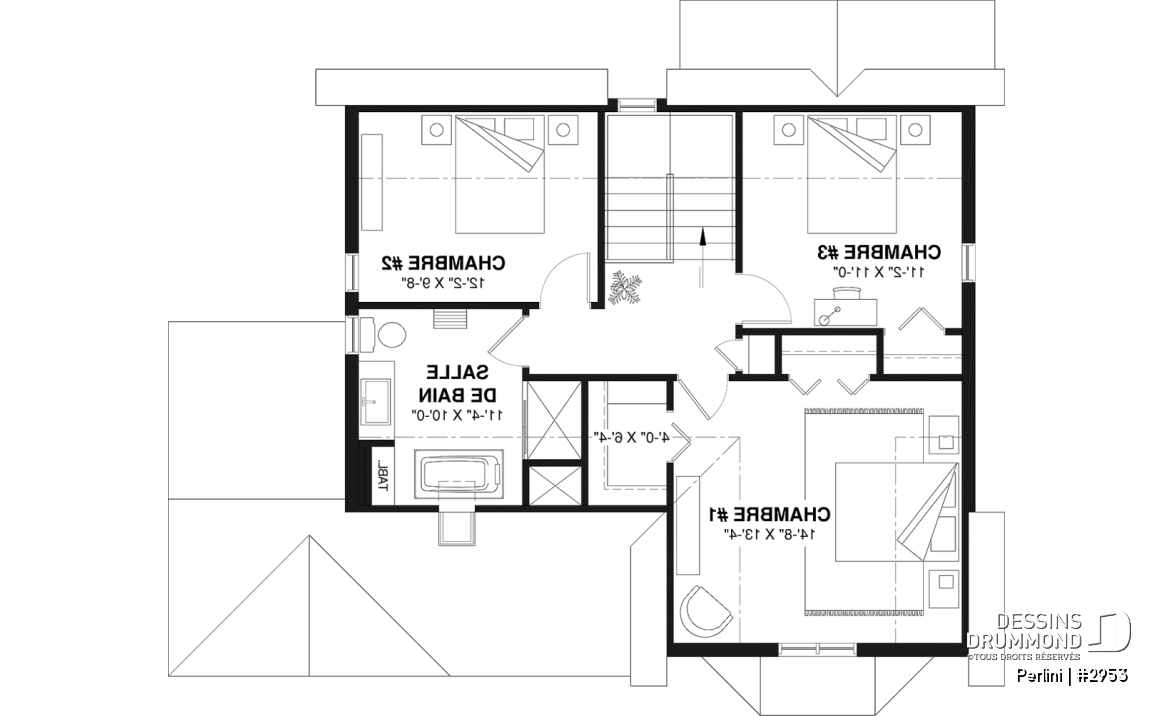 Étage - Plan de style fermette champêtre, grand vestiaire d'entrée, cuisine avec îlot, galerie couverte, 3 chambres - Perlini