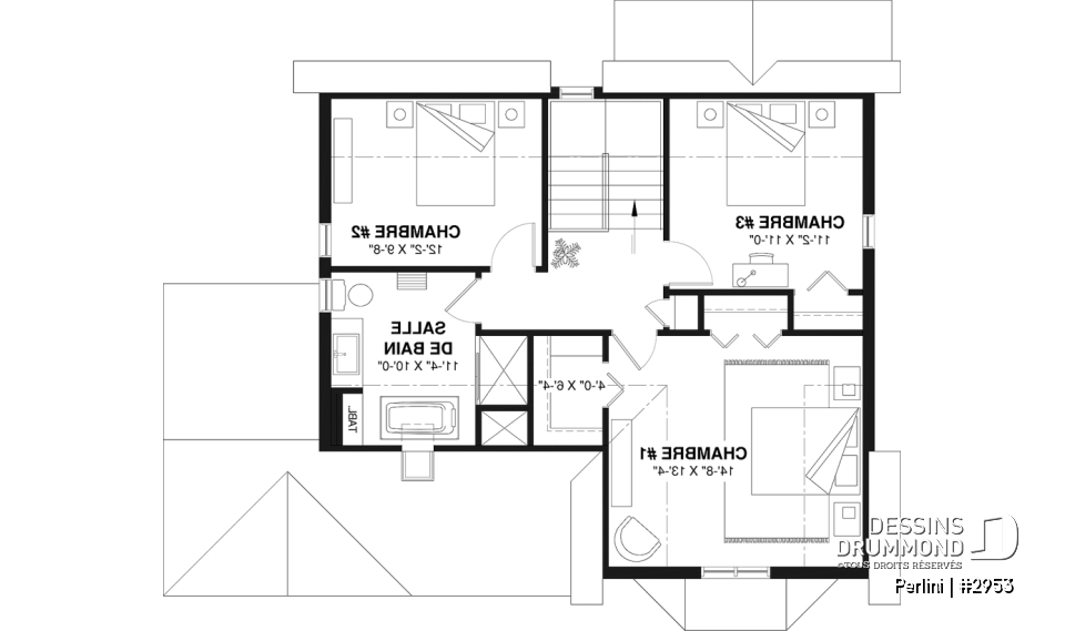 Étage - Plan de style fermette champêtre, grand vestiaire d'entrée, cuisine avec îlot, galerie couverte, 3 chambres - Perlini
