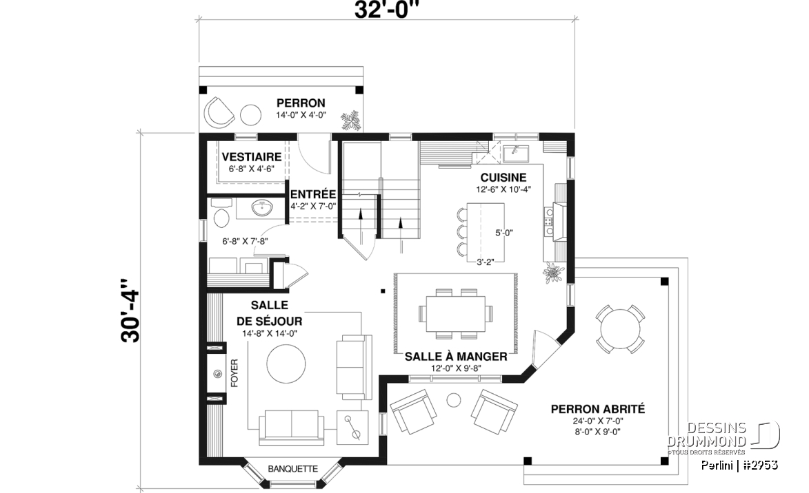 Rez-de-chaussée - Plan de style fermette champêtre, grand vestiaire d'entrée, cuisine avec îlot, galerie couverte, 3 chambres - Perlini