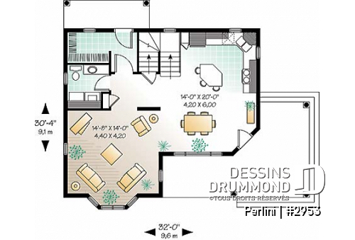 Rez-de-chaussée - Plan de style fermette champêtre, grand vestiaire d'entrée, cuisine avec îlot, galerie couverte, 3 chambres - Perlini