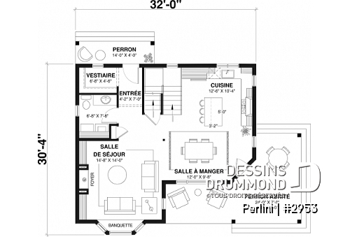 Rez-de-chaussée - Plan de style fermette champêtre, grand vestiaire d'entrée, cuisine avec îlot, galerie couverte, 3 chambres - Perlini