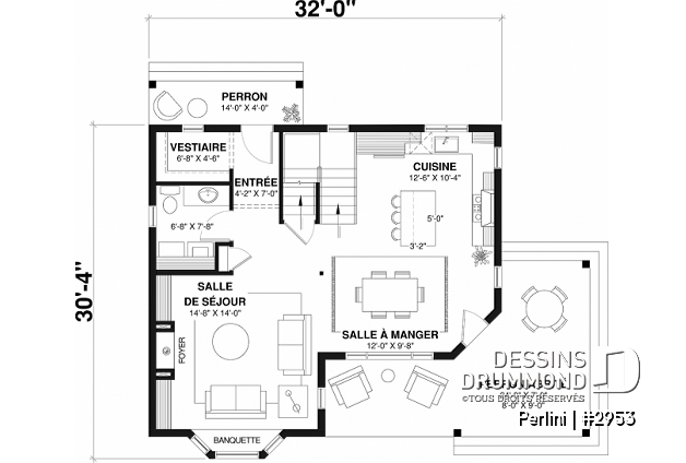 Rez-de-chaussée - Plan de style fermette champêtre, grand vestiaire d'entrée, cuisine avec îlot, galerie couverte, 3 chambres - Perlini