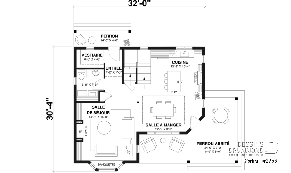 Rez-de-chaussée - Plan de style fermette champêtre, grand vestiaire d'entrée, cuisine avec îlot, galerie couverte, 3 chambres - Perlini