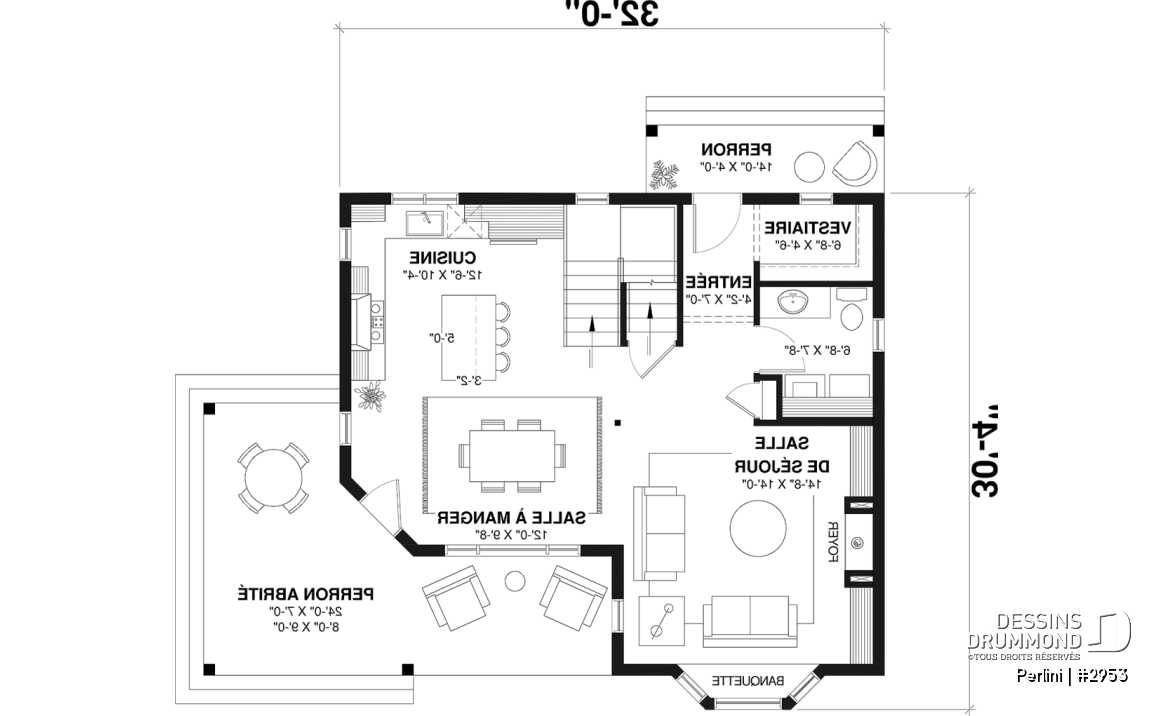 Rez-de-chaussée - Plan de style fermette champêtre, grand vestiaire d'entrée, cuisine avec îlot, galerie couverte, 3 chambres - Perlini