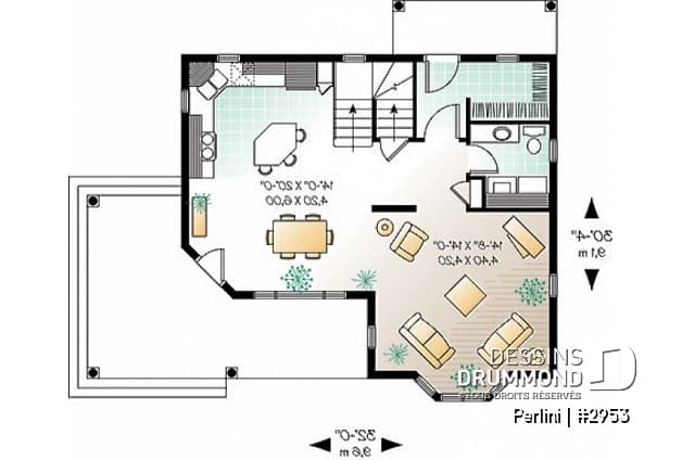 Rez-de-chaussée - Plan de style fermette champêtre, grand vestiaire d'entrée, cuisine avec îlot, galerie couverte, 3 chambres - Perlini