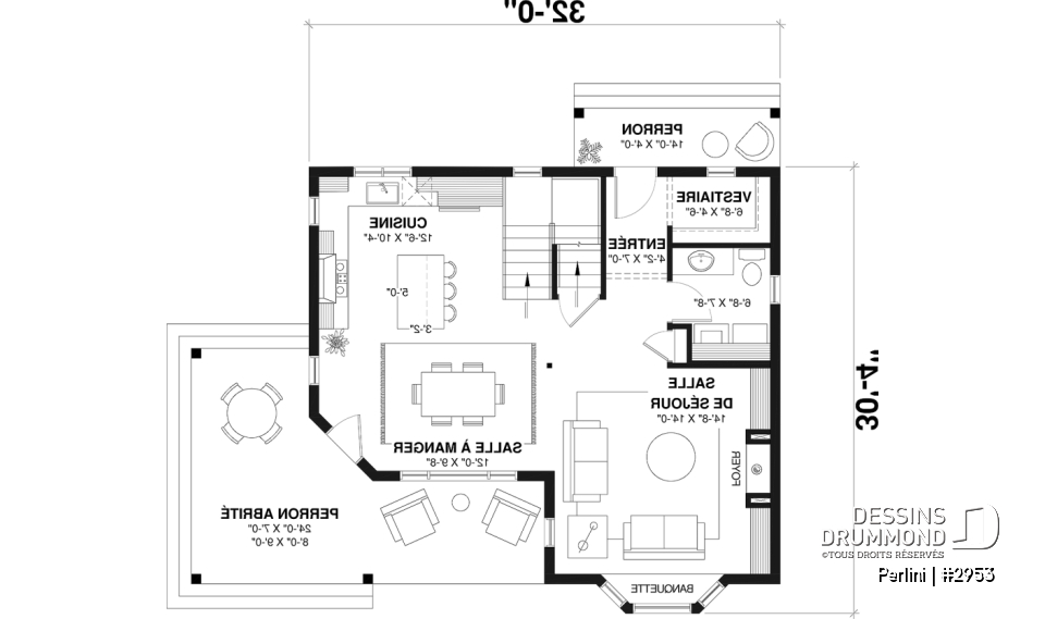 Rez-de-chaussée - Plan de style fermette champêtre, grand vestiaire d'entrée, cuisine avec îlot, galerie couverte, 3 chambres - Perlini