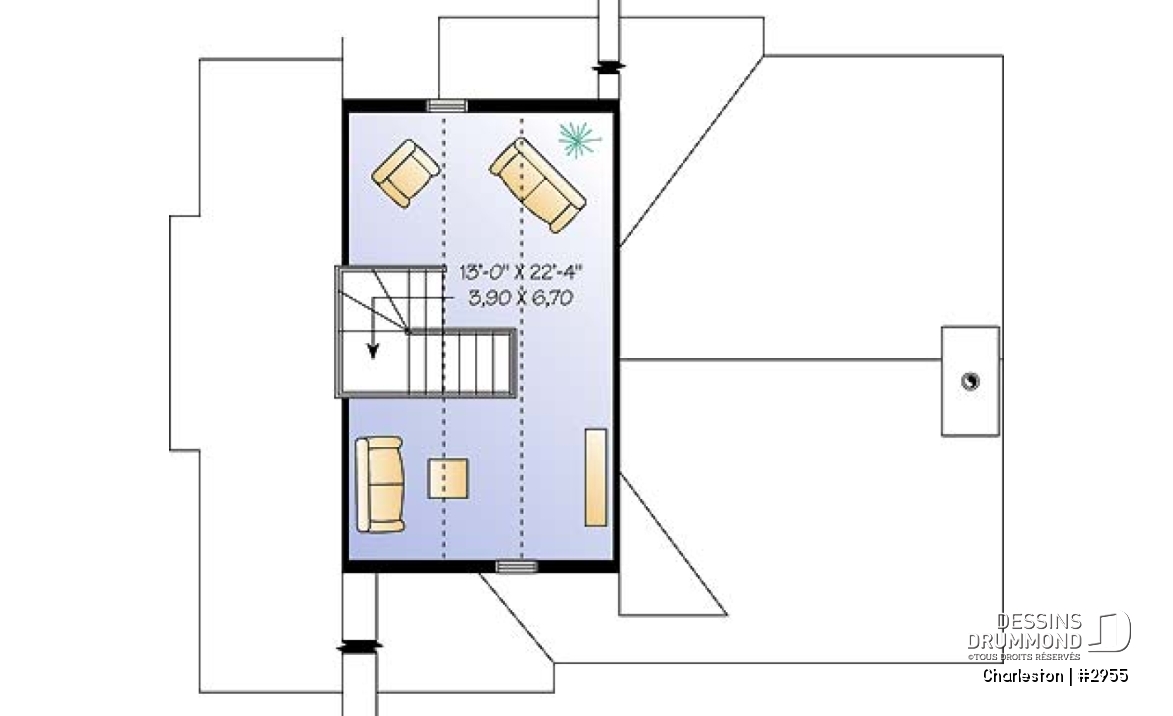 Étage - Plan de chalet de ski, plancher inversé avec chambre au sous-sol et espace commun au rez-de-chaussée - Charleston