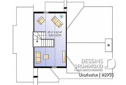 Étage - Plan de chalet de ski, plancher inversé avec chambre au sous-sol et espace commun au rez-de-chaussée - Charleston