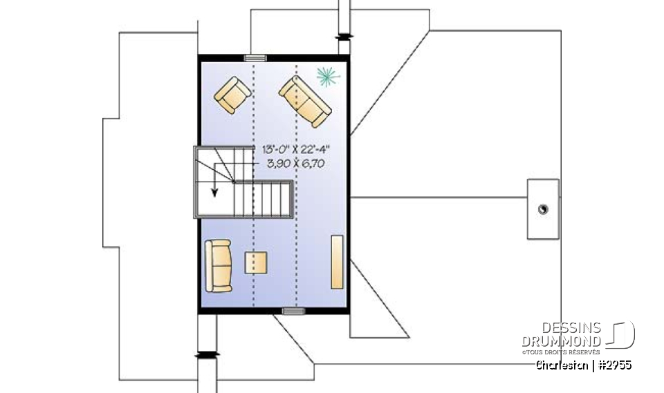 Étage - Plan de chalet de ski, plancher inversé avec chambre au sous-sol et espace commun au rez-de-chaussée - Charleston