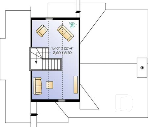 Étage - Plan de chalet de ski, plancher inversé avec chambre au sous-sol et espace commun au rez-de-chaussée - Charleston