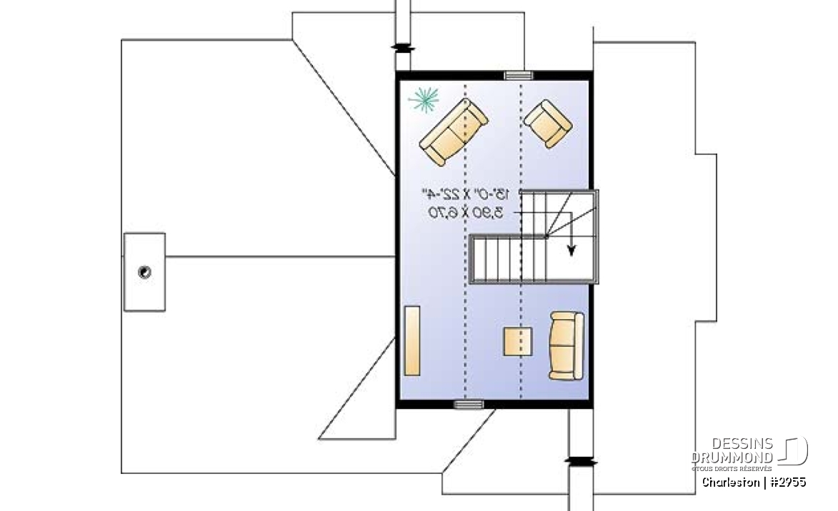 Étage - Plan de chalet de ski, plancher inversé avec chambre au sous-sol et espace commun au rez-de-chaussée - Charleston