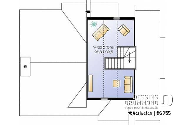 Étage - Plan de chalet de ski, plancher inversé avec chambre au sous-sol et espace commun au rez-de-chaussée - Charleston