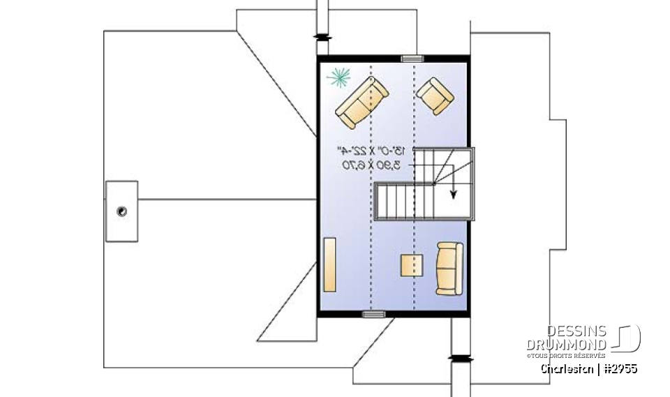 Étage - Plan de chalet de ski, plancher inversé avec chambre au sous-sol et espace commun au rez-de-chaussée - Charleston