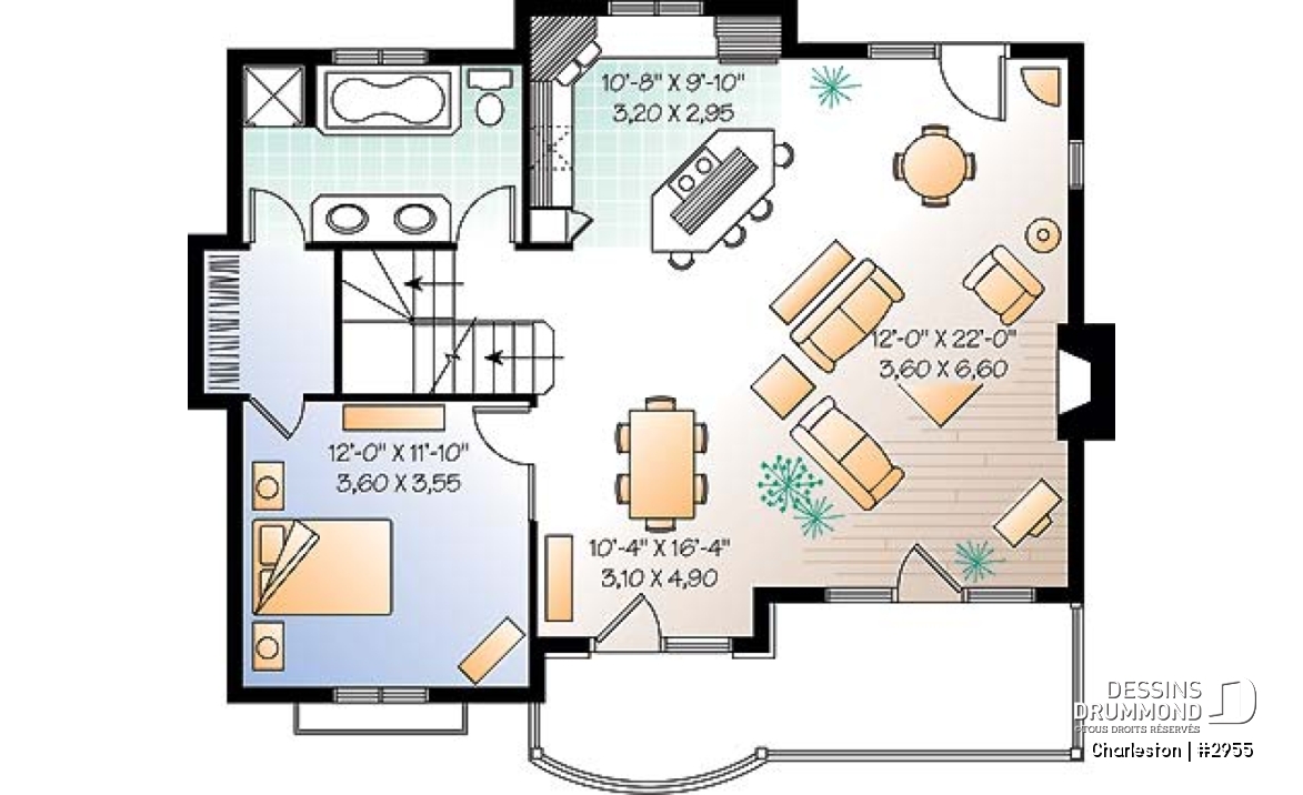 Rez-de-chaussée - Plan de chalet de ski, plancher inversé avec chambre au sous-sol et espace commun au rez-de-chaussée - Charleston