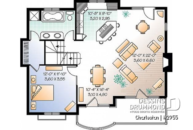 Rez-de-chaussée - Plan de chalet de ski, plancher inversé avec chambre au sous-sol et espace commun au rez-de-chaussée - Charleston