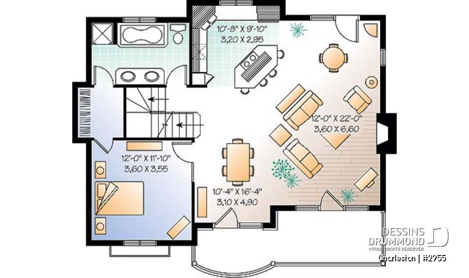 Rez-de-chaussée - Plan de chalet de ski, plancher inversé avec chambre au sous-sol et espace commun au rez-de-chaussée - Charleston