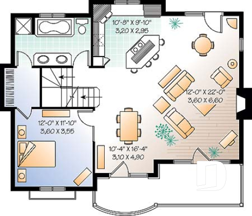 Rez-de-chaussée - Plan de chalet de ski, plancher inversé avec chambre au sous-sol et espace commun au rez-de-chaussée - Charleston