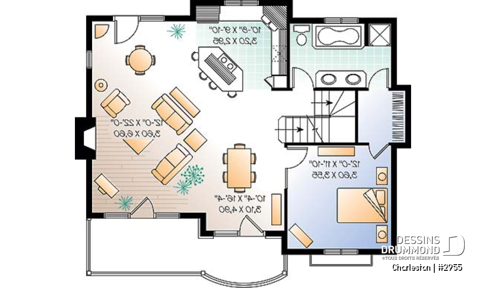 Rez-de-chaussée - Plan de chalet de ski, plancher inversé avec chambre au sous-sol et espace commun au rez-de-chaussée - Charleston