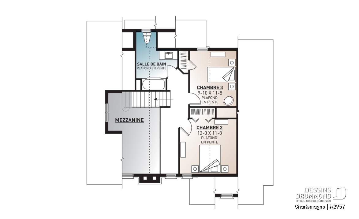 Étage - Modèle de chalet rustique, 3 chambres, foyer, mezzanine, aire ouverte, vestibule avec grande garde-robe - Charlemagne