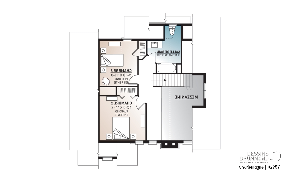Étage - Modèle de chalet rustique, 3 chambres, foyer, mezzanine, aire ouverte, vestibule avec grande garde-robe - Charlemagne