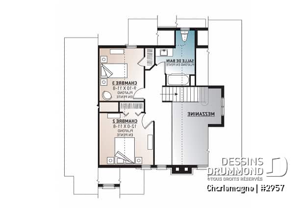 Étage - Plan de chalet rustique, 3 chambres, foyer, mezzanine, plancher aire ouverte, vestibule avec grande garde-robe - Charlemagne