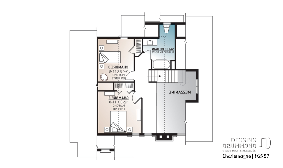 Étage - Modèle de chalet rustique, 3 chambres, foyer, mezzanine, aire ouverte, vestibule avec grande garde-robe - Charlemagne