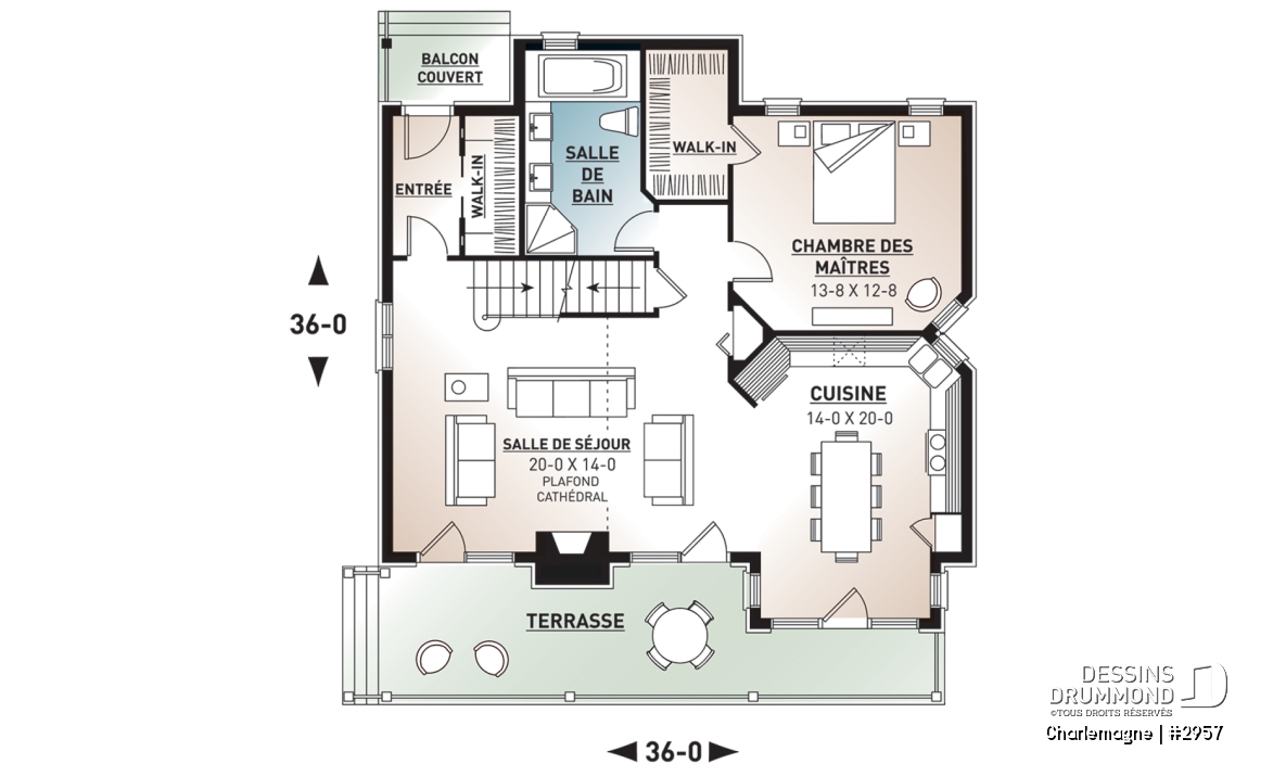 Rez-de-chaussée - Modèle de chalet rustique, 3 chambres, foyer, mezzanine, aire ouverte, vestibule avec grande garde-robe - Charlemagne