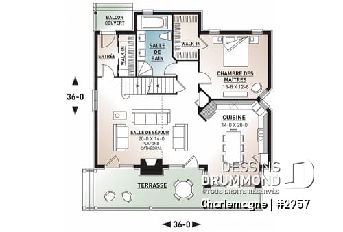 Rez-de-chaussée - Plan de chalet rustique, 3 chambres, foyer, mezzanine, plancher aire ouverte, vestibule avec grande garde-robe - Charlemagne