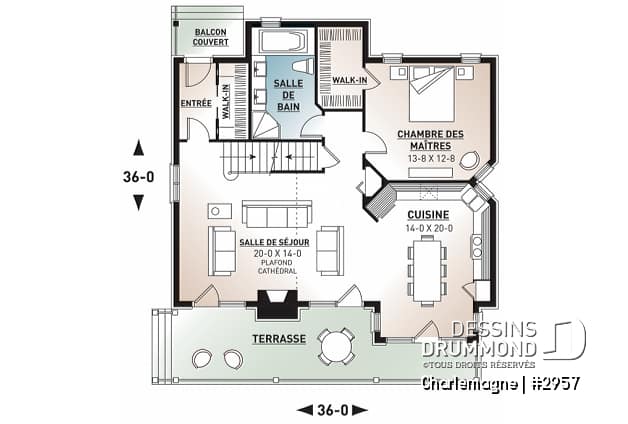 Rez-de-chaussée - Plan de chalet rustique, 3 chambres, foyer, mezzanine, plancher aire ouverte, vestibule avec grande garde-robe - Charlemagne
