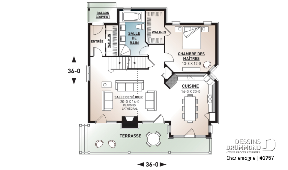 Rez-de-chaussée - Modèle de chalet rustique, 3 chambres, foyer, mezzanine, aire ouverte, vestibule avec grande garde-robe - Charlemagne